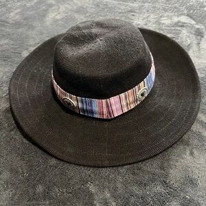 Anthropologie Black Wide-Brim Hat with Multicolor Striped Band
